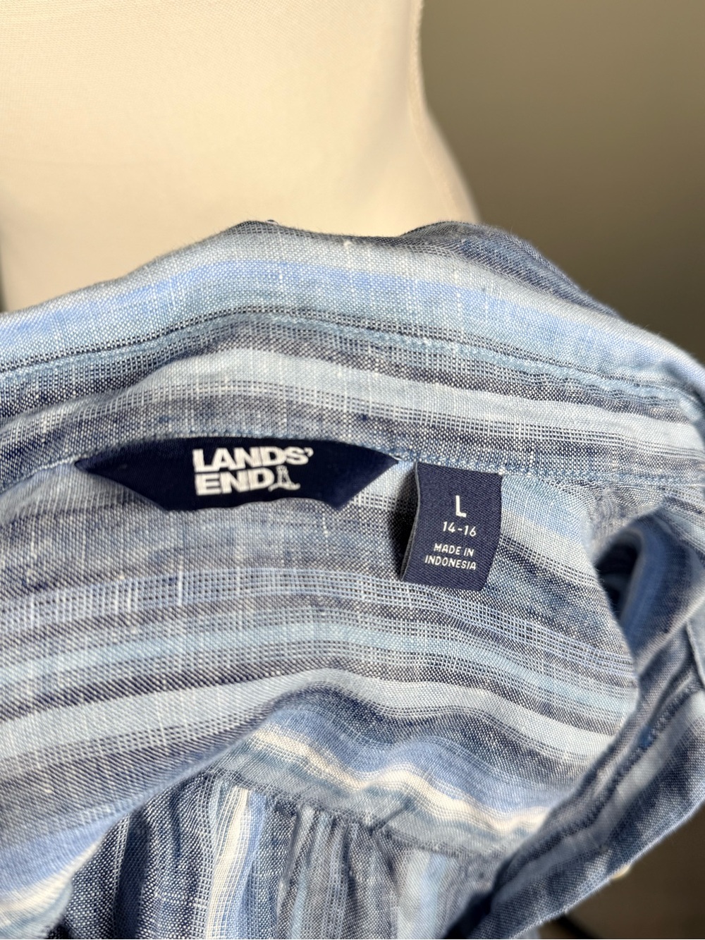 Lands’ End 100% Linen Tunic Shirt Blue Striped Oversized Beachy Coastal Size L - Picture 6 of 10